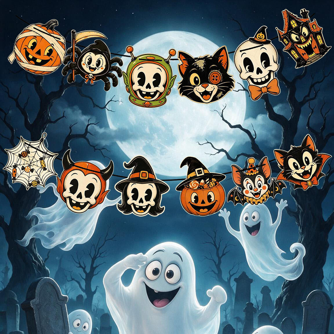 Vintage Halloween Banner – Retro Halloween Garland with 12 Die-Cut Characters, Pumpkin, Black Cat, Bat & Skeleton Mantel Decor