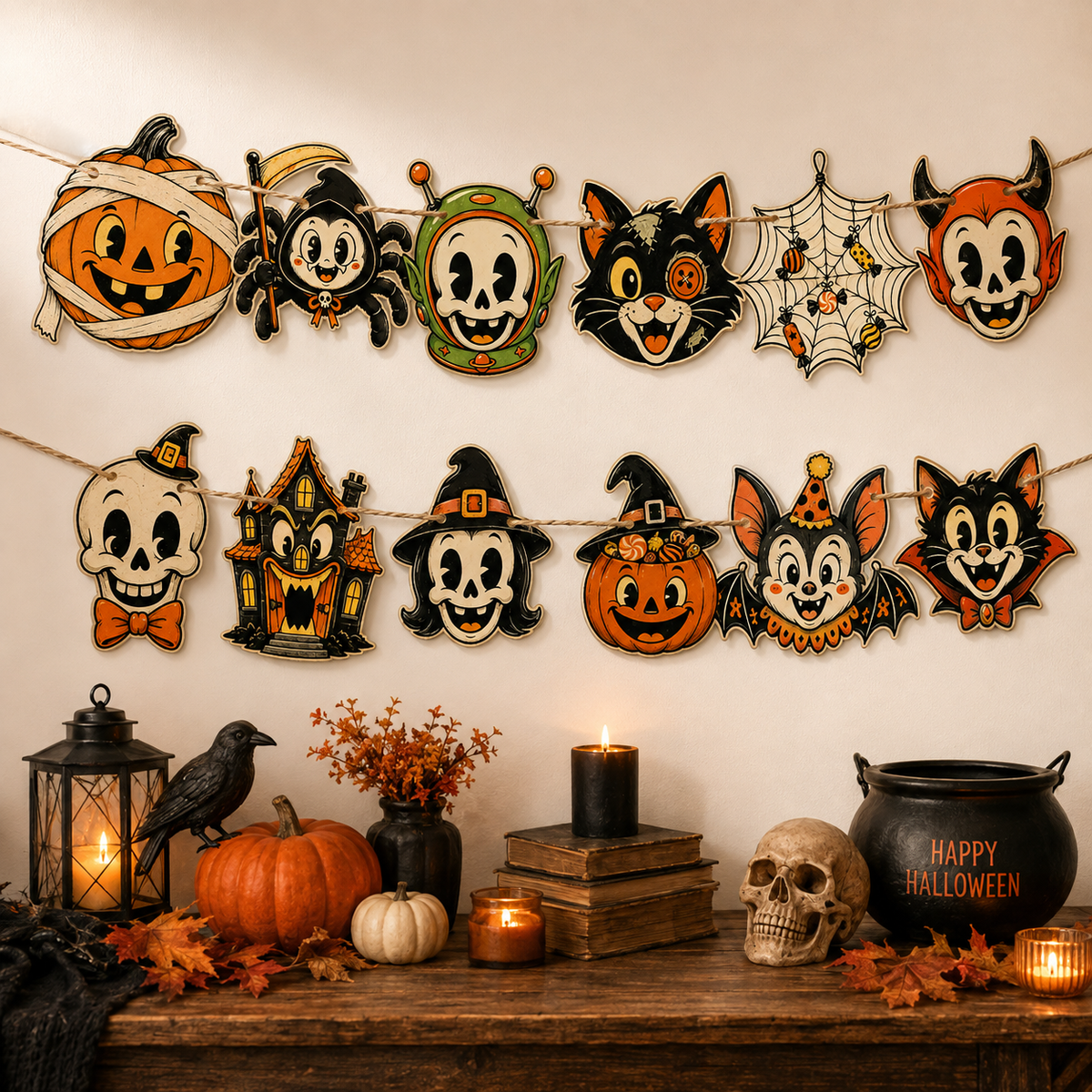 Vintage Halloween Banner – Retro Halloween Garland with 12 Die-Cut Characters, Pumpkin, Black Cat, Bat & Skeleton Mantel Decor