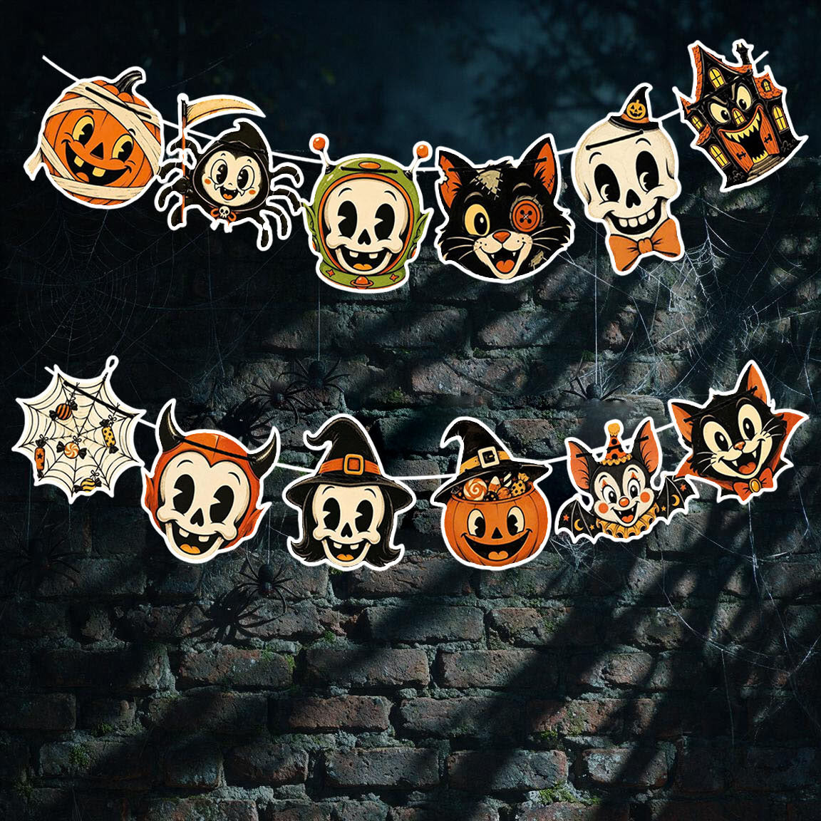Vintage Halloween Banner – Retro Halloween Garland with 12 Die-Cut Characters, Pumpkin, Black Cat, Bat & Skeleton Mantel Decor
