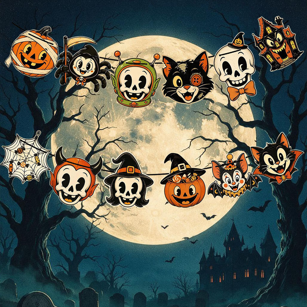 Vintage Halloween Banner – Retro Halloween Garland with 12 Die-Cut Characters, Pumpkin, Black Cat, Bat & Skeleton Mantel Decor