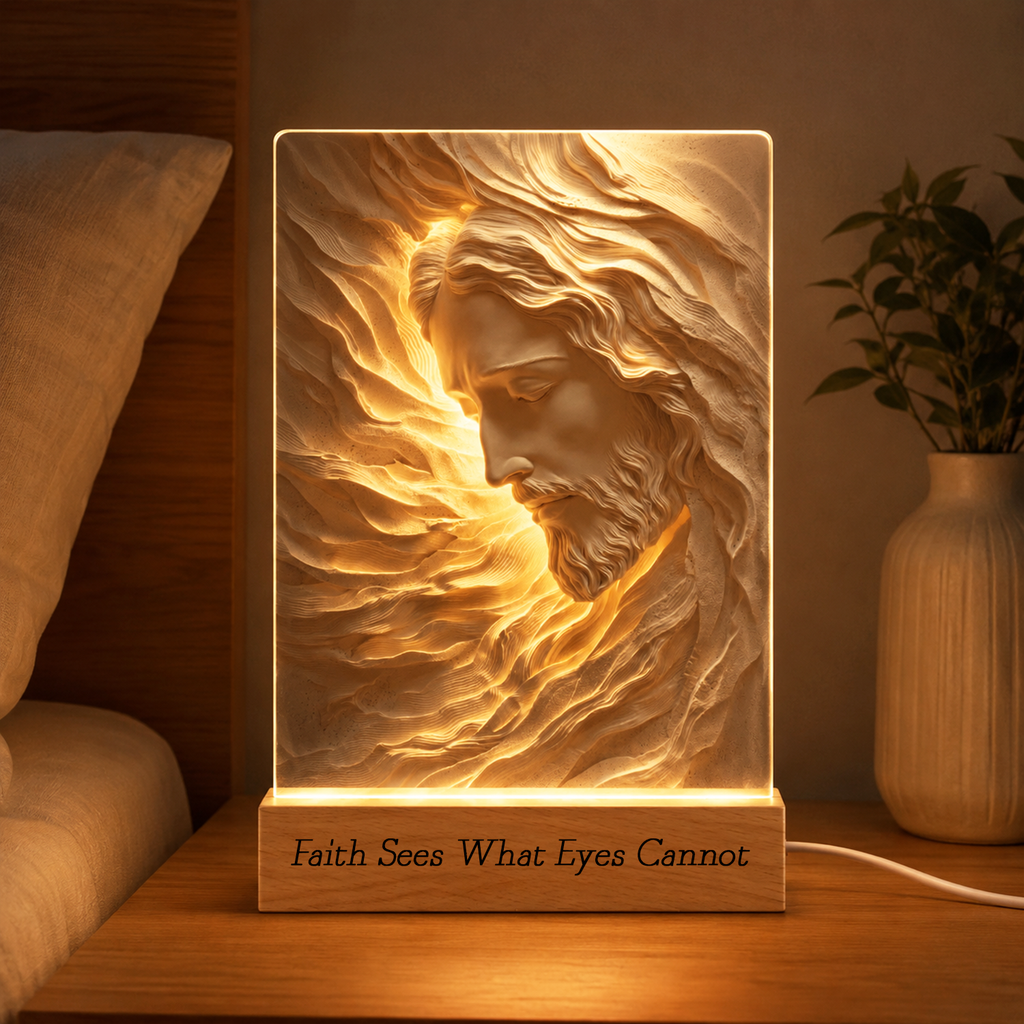 Personalized Jesus 3D Effect Night Light, Engraved Wood Base Christian
