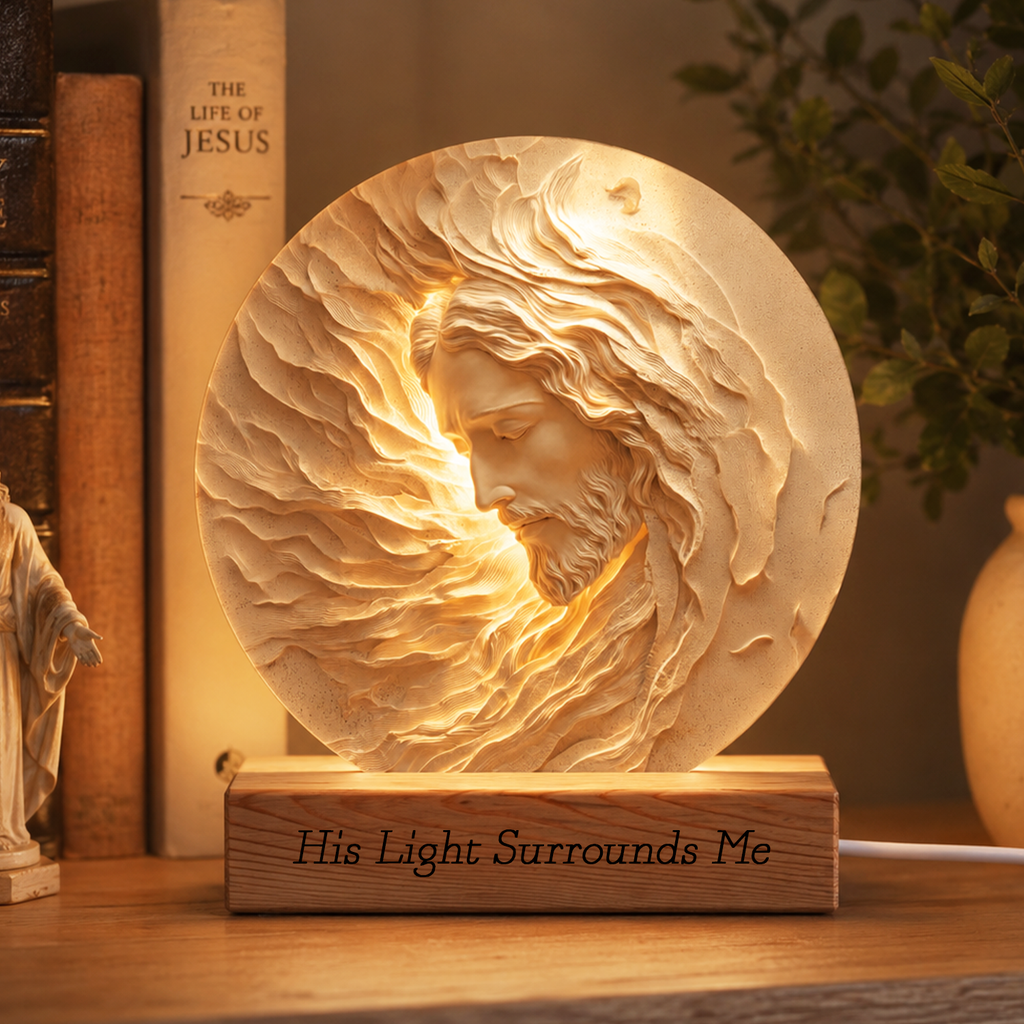 Personalized Jesus 3D Effect Night Light, Engraved Wood Base Christian