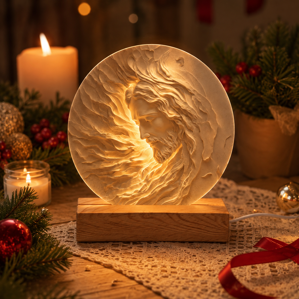 Personalized Jesus 3D Effect Night Light, Engraved Wood Base Christian