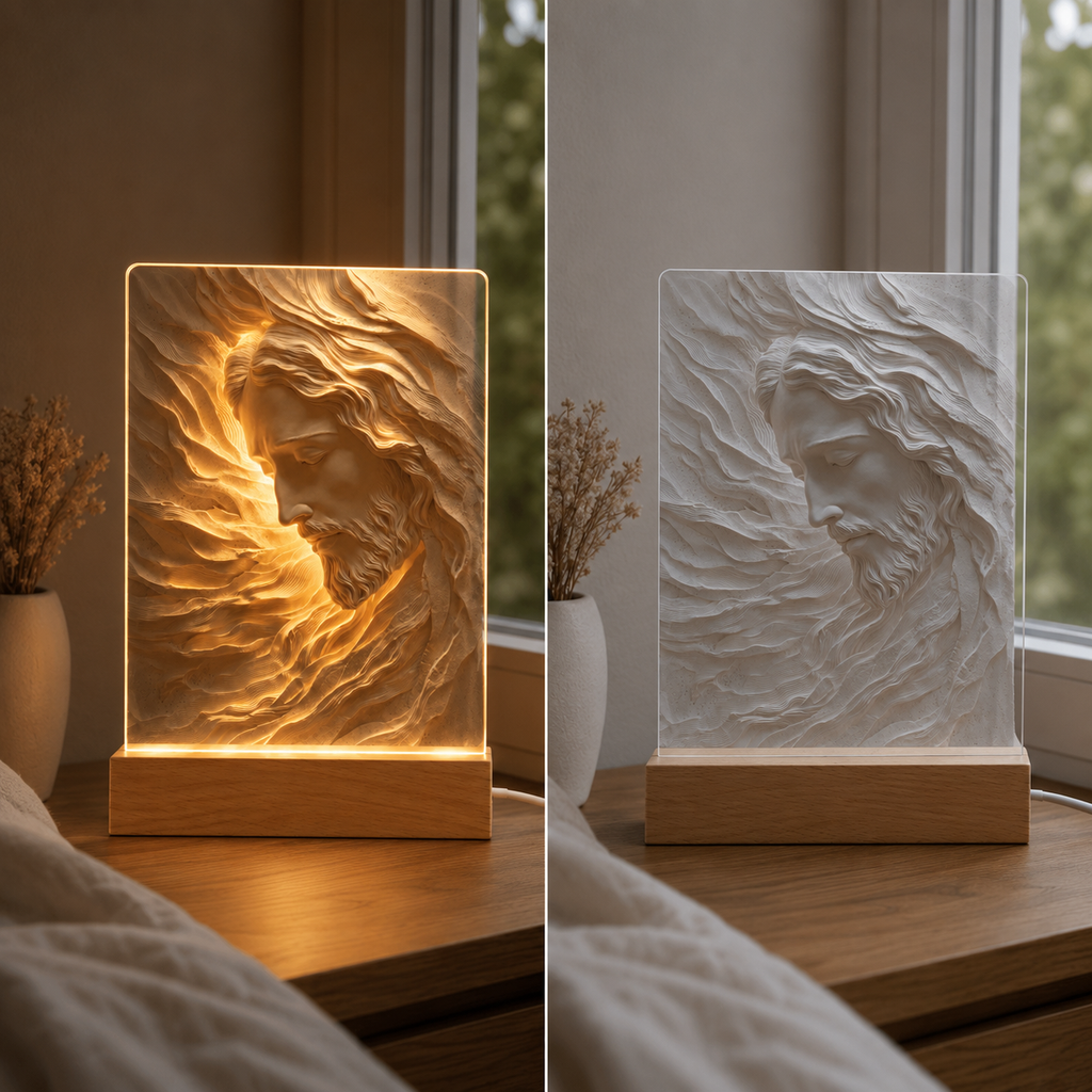 Personalized Jesus 3D Effect Night Light, Engraved Wood Base Christian