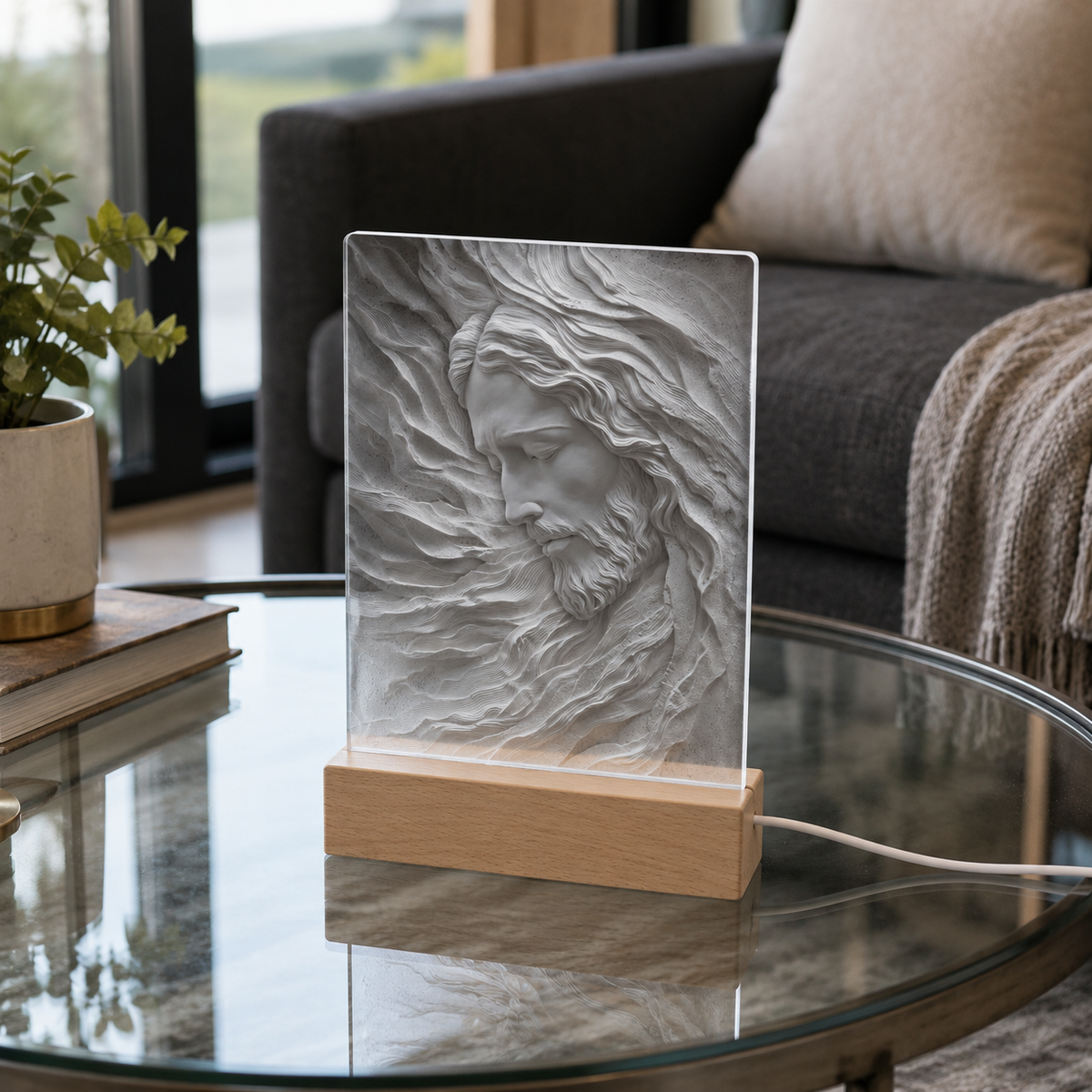 Personalized Jesus 3D Effect Night Light, Engraved Wood Base Christian