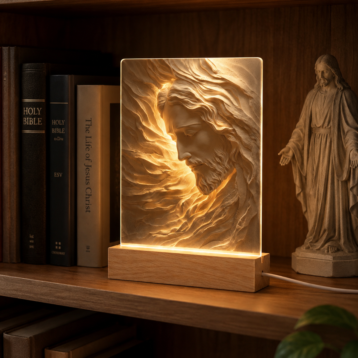 Personalized Jesus 3D Effect Night Light, Engraved Wood Base Christian