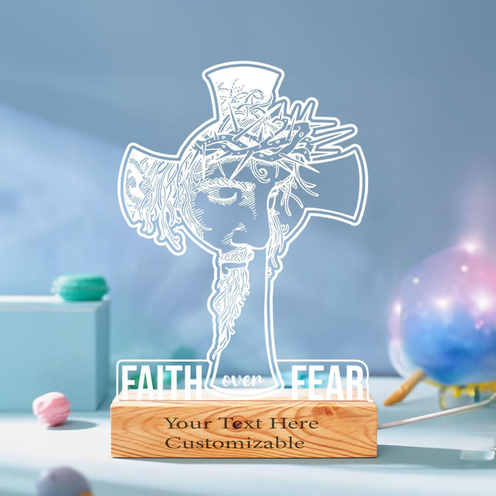 Christian Personalized Gift – LED Night Light with Jesus and Cross Design – Faith Over Fear Praying Light
