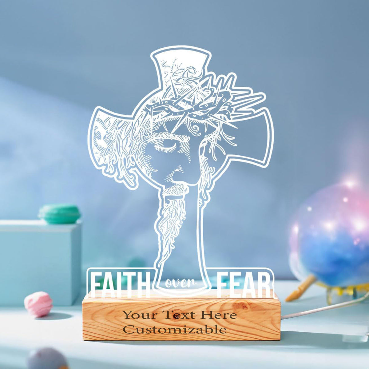 Christian Personalized Gift – LED Night Light with Jesus and Cross Design – Faith Over Fear Praying Light