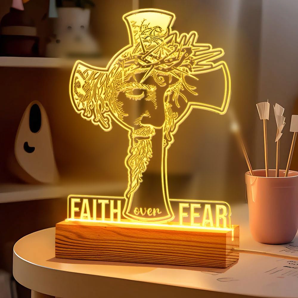 Christian Personalized Gift – LED Night Light with Jesus and Cross Design – Faith Over Fear Praying Light