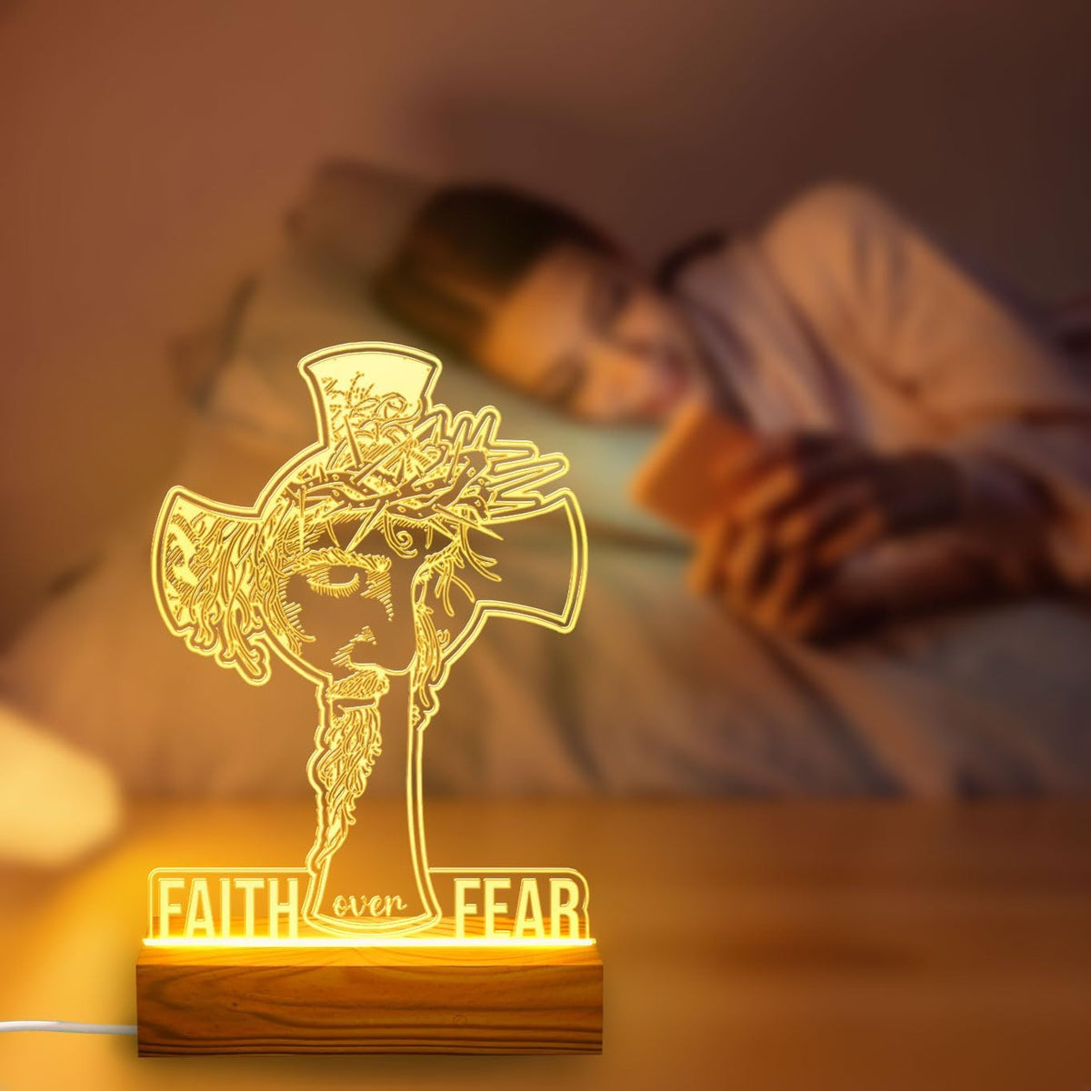Christian Personalized Gift – LED Night Light with Jesus and Cross Design – Faith Over Fear Praying Light