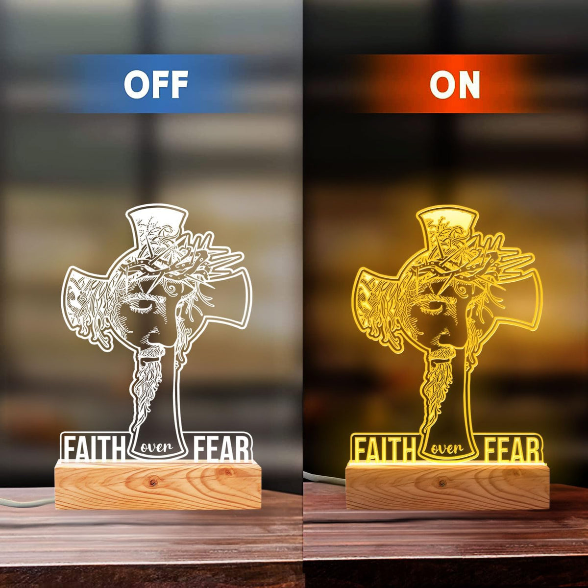 Christian Personalized Gift – LED Night Light with Jesus and Cross Design – Faith Over Fear Praying Light
