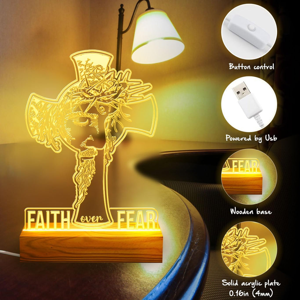 Christian Personalized Gift – LED Night Light with Jesus and Cross Design – Faith Over Fear Praying Light