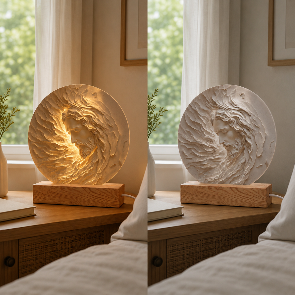 Personalized Jesus 3D Effect Night Light, Engraved Wood Base Christian