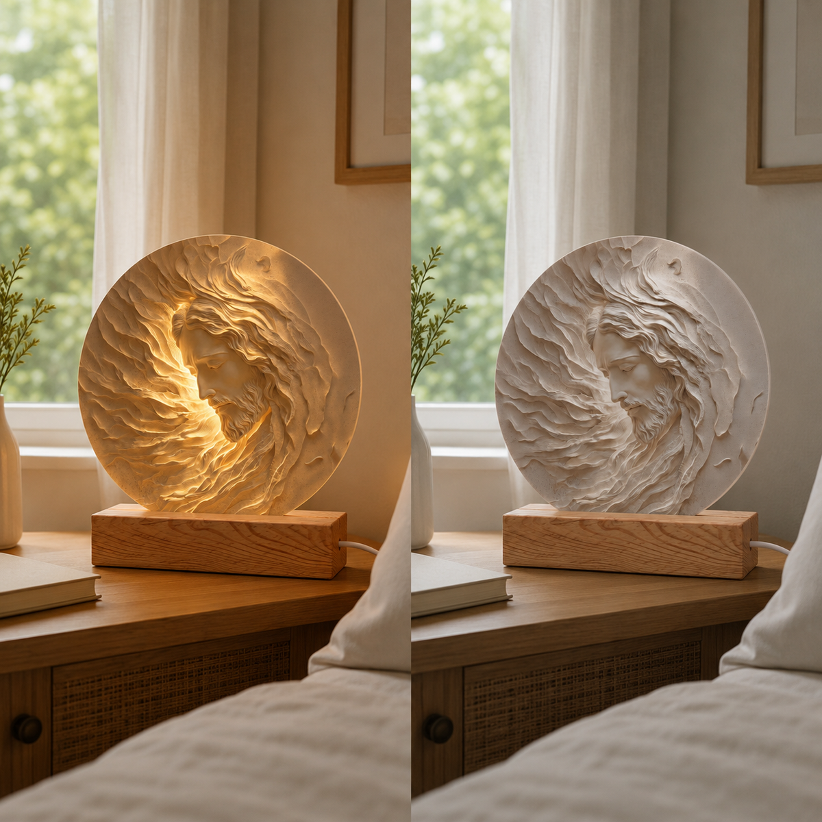 Personalized Jesus 3D Effect Night Light, Engraved Wood Base Christian