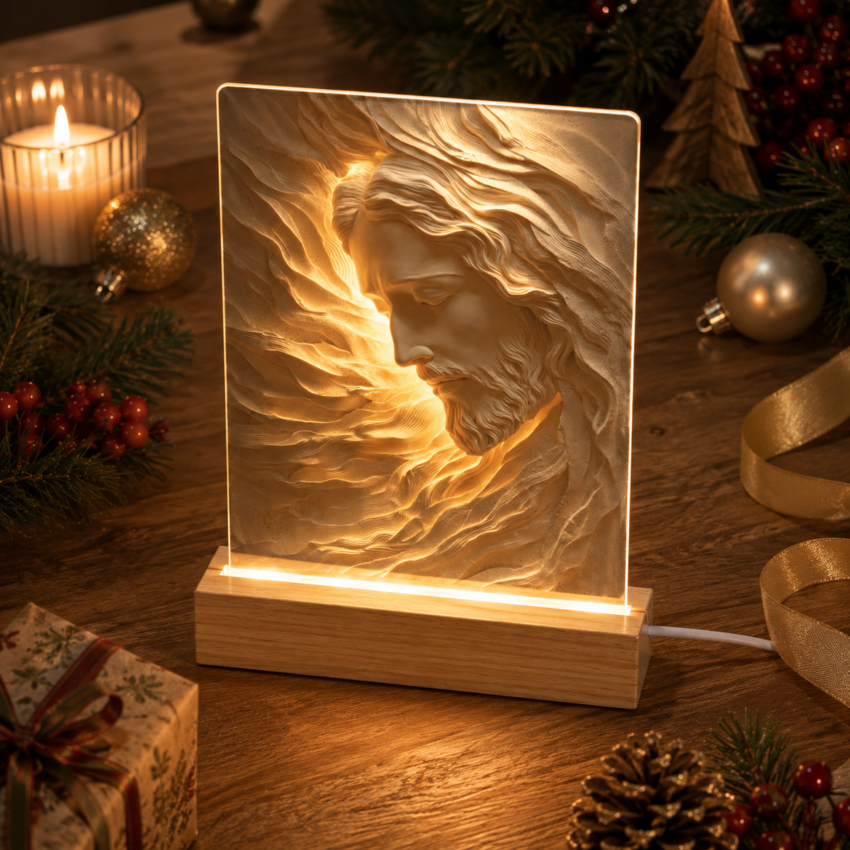 Personalized Jesus 3D Effect Night Light, Engraved Wood Base Christian