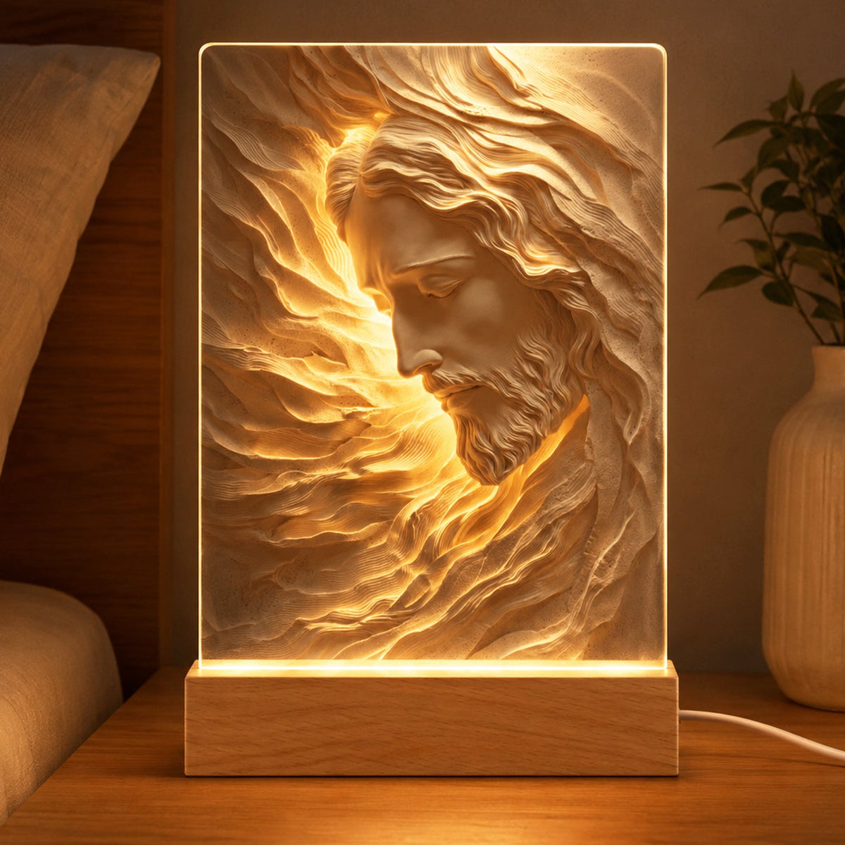 Personalized Jesus 3D Effect Night Light, Engraved Wood Base Christian