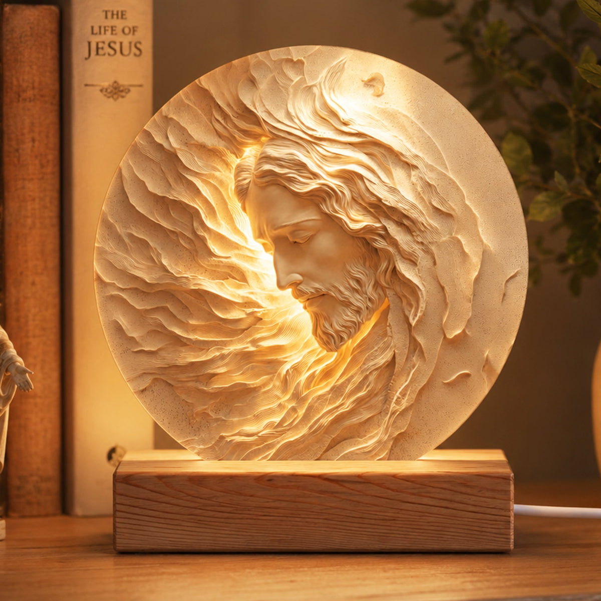 Personalized Jesus 3D Effect Night Light, Engraved Wood Base Christian