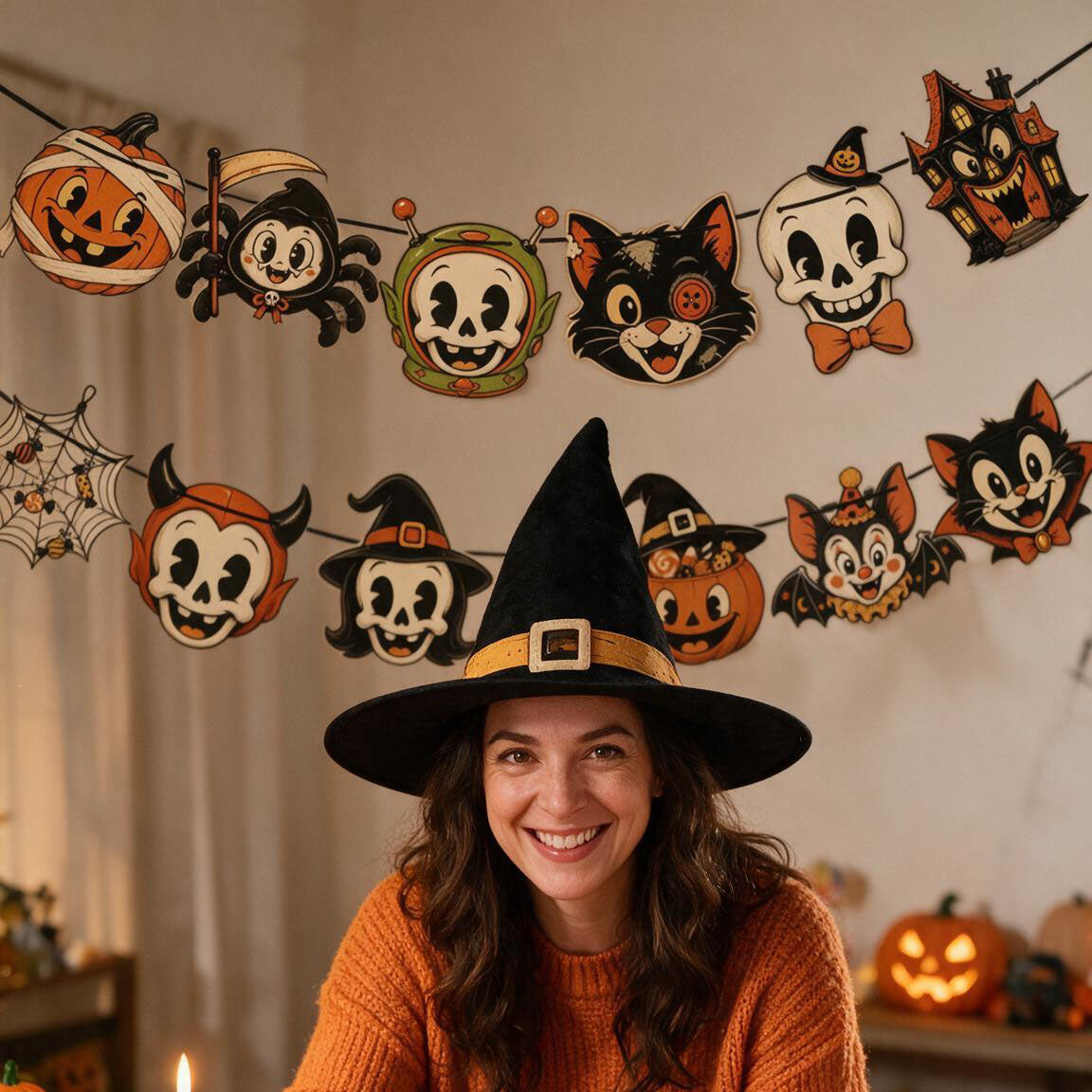 Vintage Halloween Banner – Retro Halloween Garland with 12 Die-Cut Characters, Pumpkin, Black Cat, Bat & Skeleton Mantel Decor